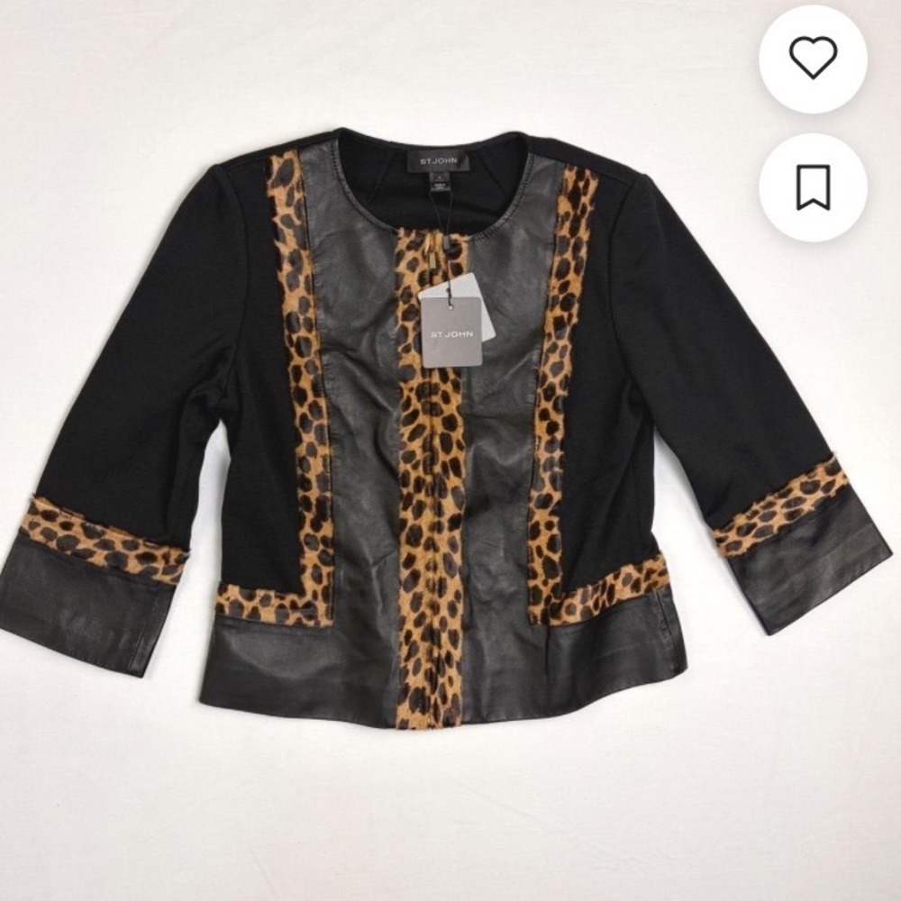 St John Leopard Print Leather Trim Jacket Black 14 Pre-owned